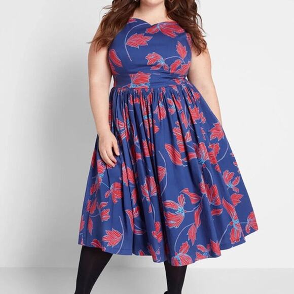 ModCloth Blue Red Floral Fit & Flare Midi Dress Women’s Size 10 NWT Retro Style - Picture 1 of 7